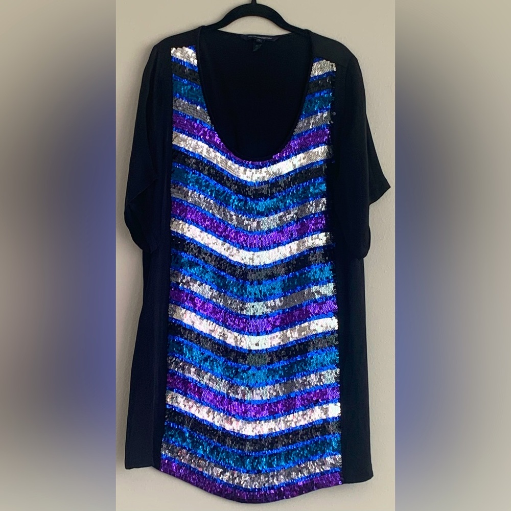 Excellent Condition, French Connection Black Shift Dress w/ Sequin Front, Sz 12
